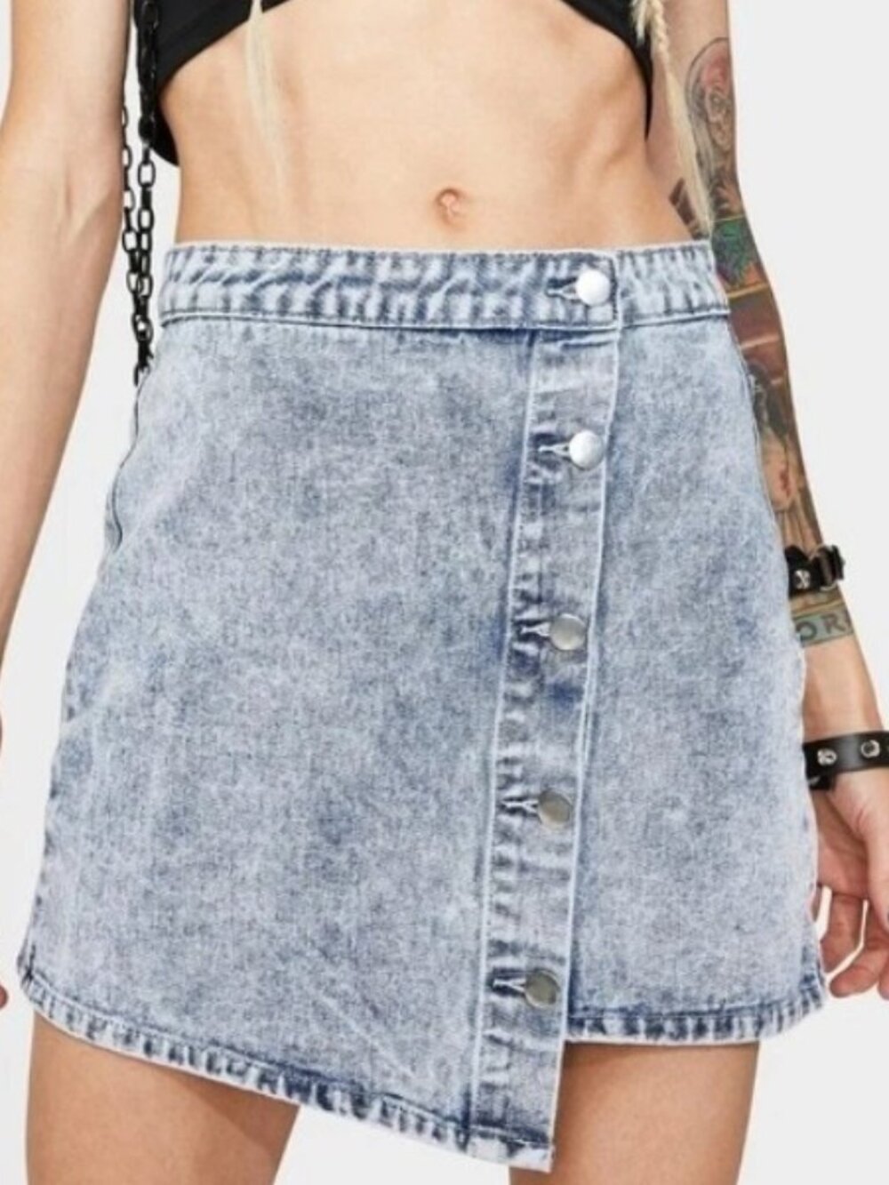Acid Wash Denim Asymmetrical Metal Button Wrap Skirt - Momokron - size XS
